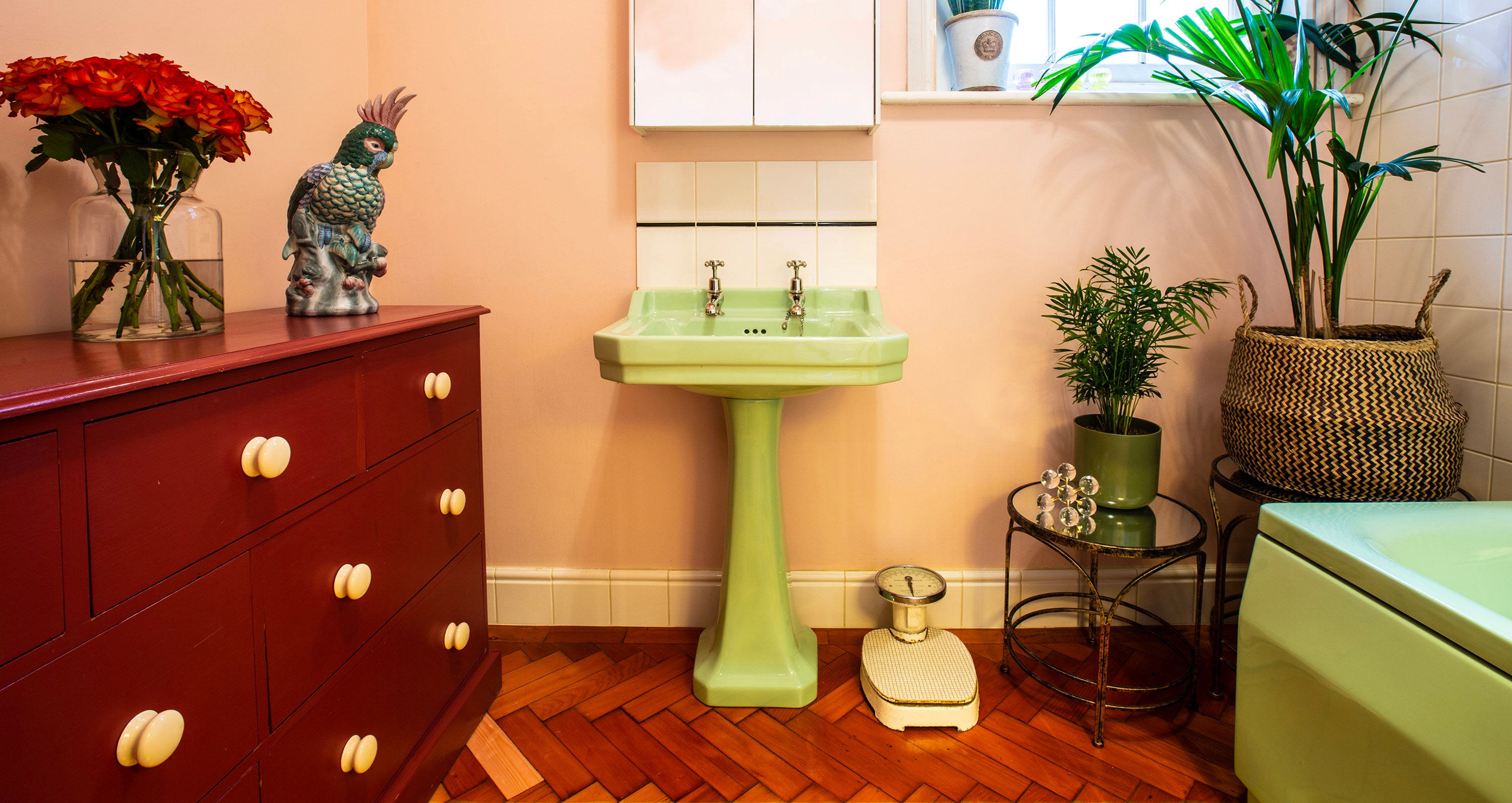 Deco green coloured sink in Victorian bathroom The Bold Bathroom Company