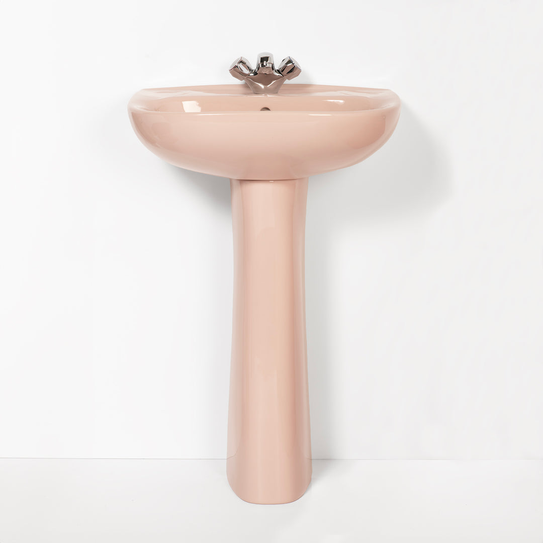 Retro Bathroom Set Coral Pink with Round 1 Taphole Basin toilet sink The Bold Bathroom Company