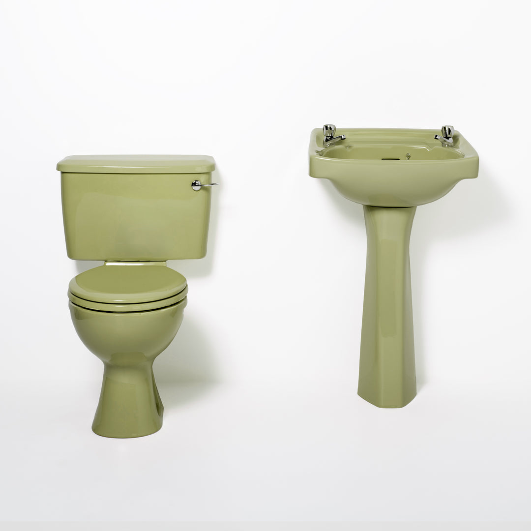 Retro Toilet & Basin Set Avocado with Square 2 Taphole Basin toilet sink The Bold Bathroom Company