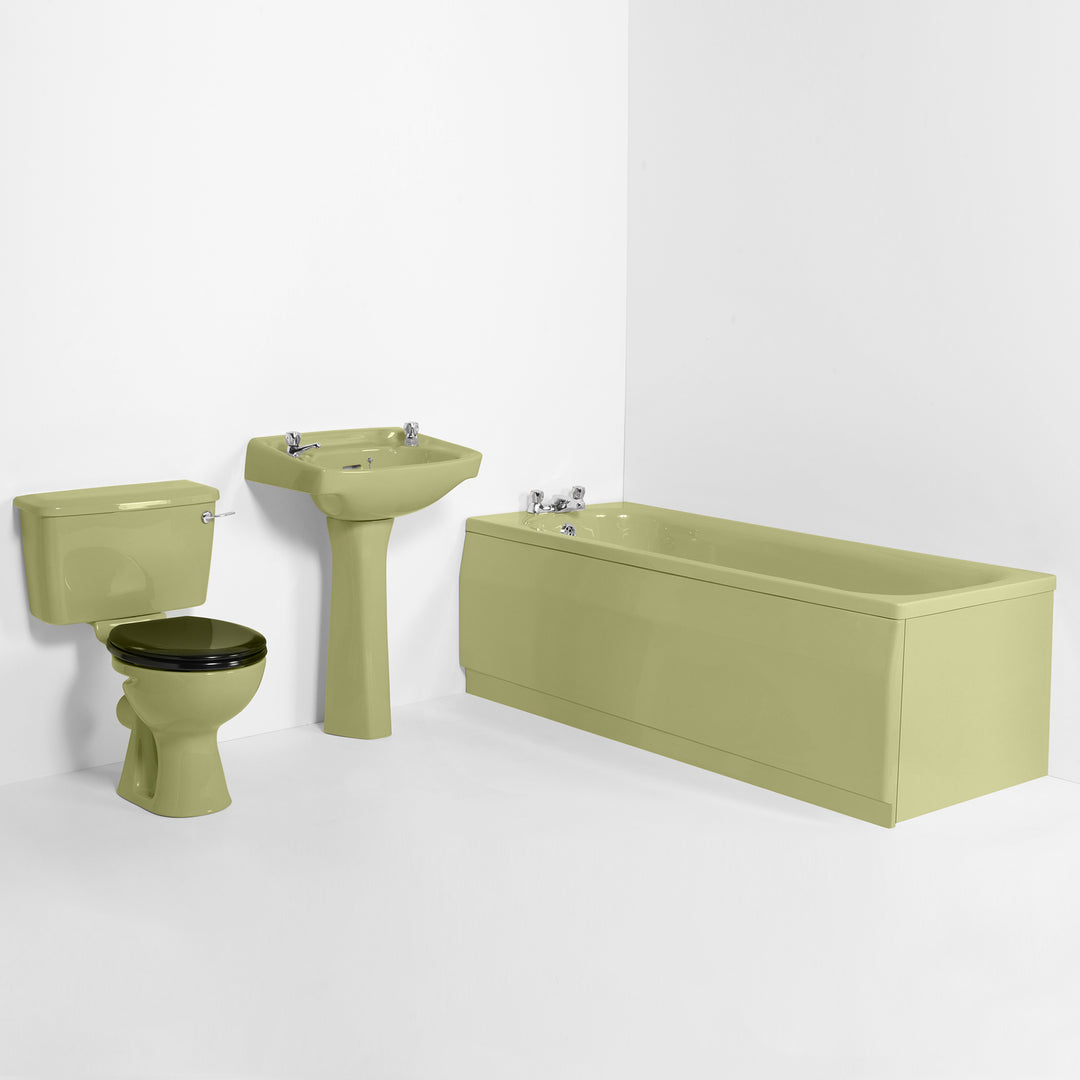 Retro Bathroom Set Avocado with Square 2 Taphole Basin toilet sink The Bold Bathroom Company