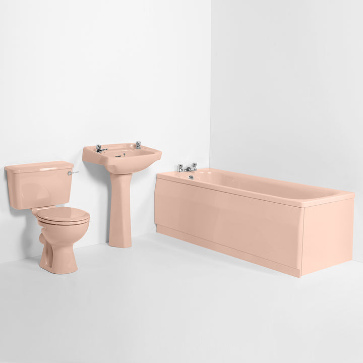 Retro Bathroom Set Coral Pink with Square 2 Taphole Basin toilet sink The Bold Bathroom Company
