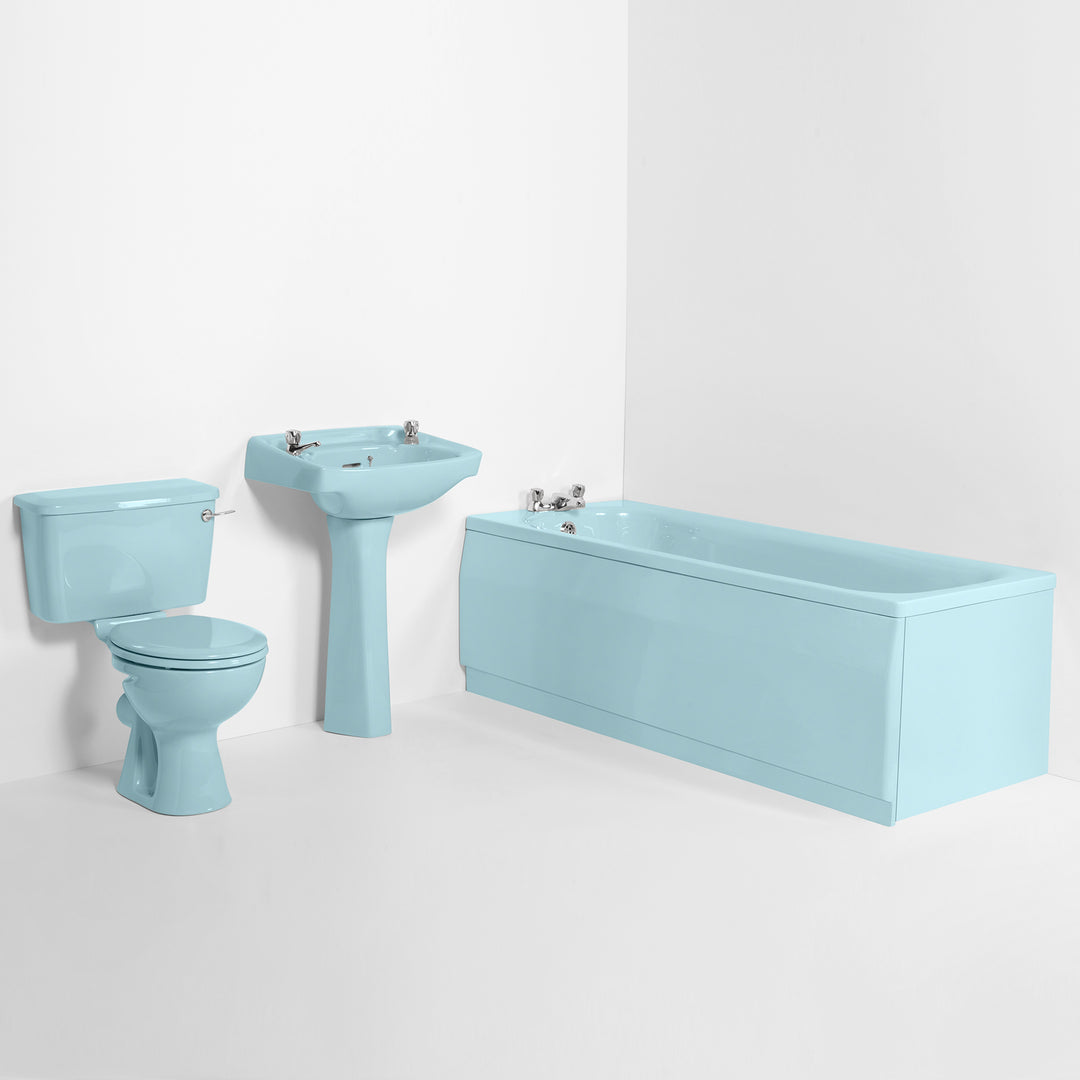 Retro Bathroom Set Sky Blue with Square 2 Taphole Basin & Plain Bath toilet sink The Bold Bathroom Company