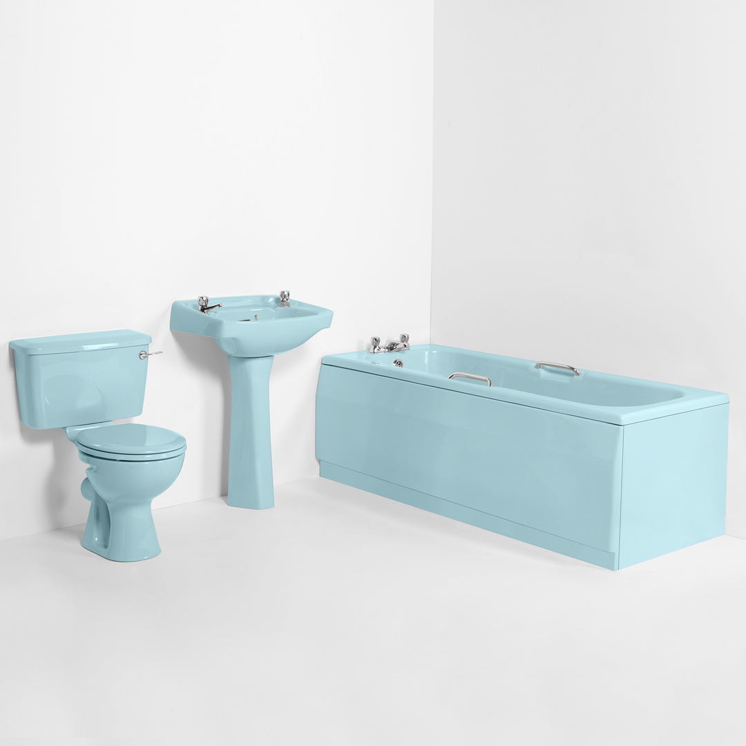 Retro Bathroom Set Sky Blue with Square 2 Taphole Basin & Twin Grip Bath toilet sink The Bold Bathroom Company
