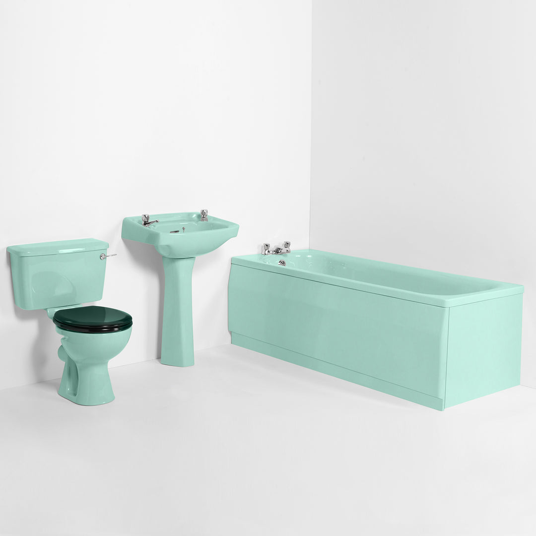 Retro Bathroom Set Turquoise with Square 2 Taphole Basin toilet sink The Bold Bathroom Company