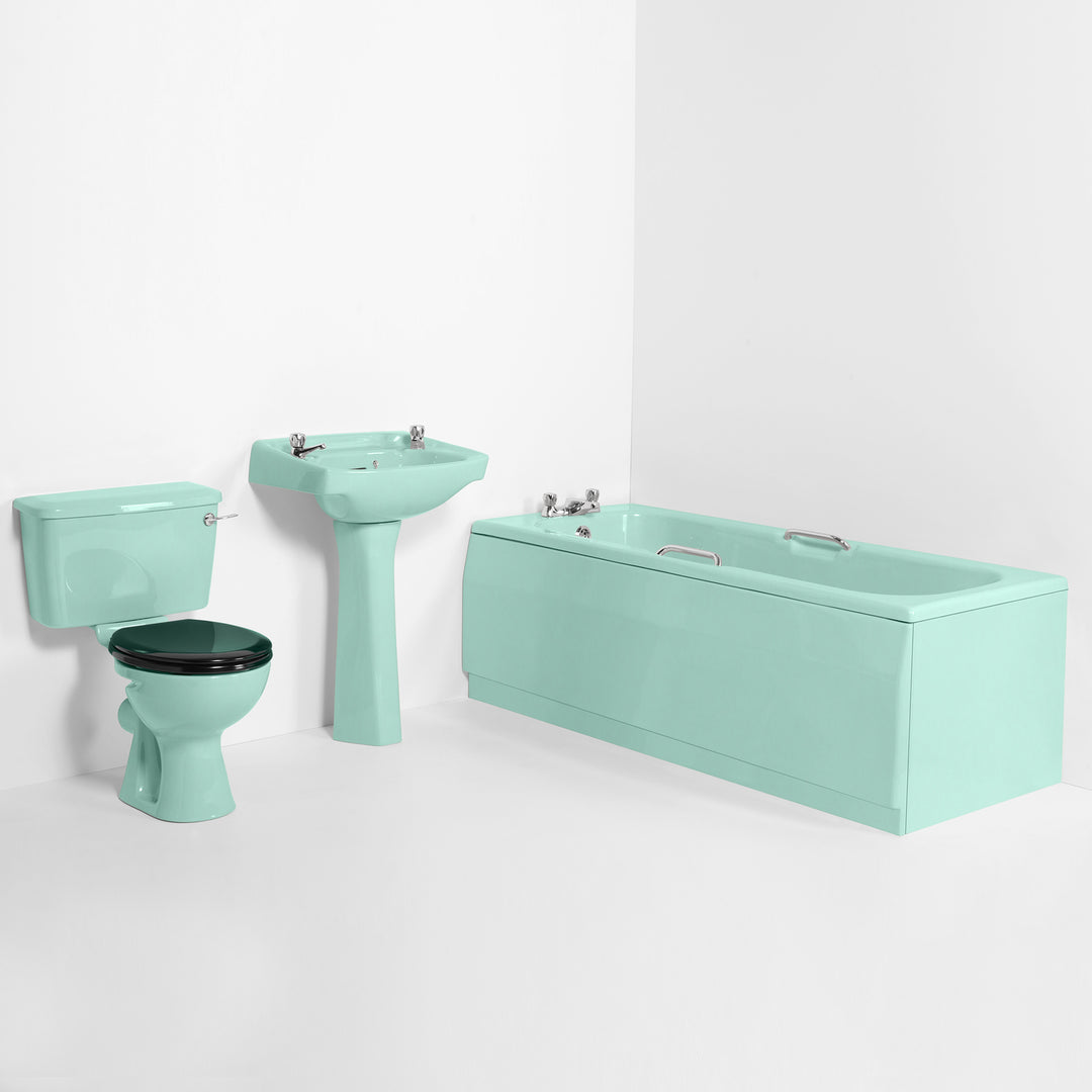 Retro Bathroom Set Turquoise with Square 2 Taphole Basin & Twin Grip Bath toilet sink The Bold Bathroom Company