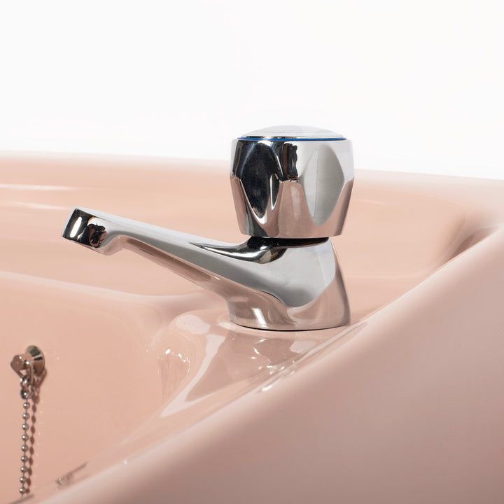 Retro Toilet & Basin Set Coral Pink with Square 2 Taphole Basin toilet sink The Bold Bathroom Company