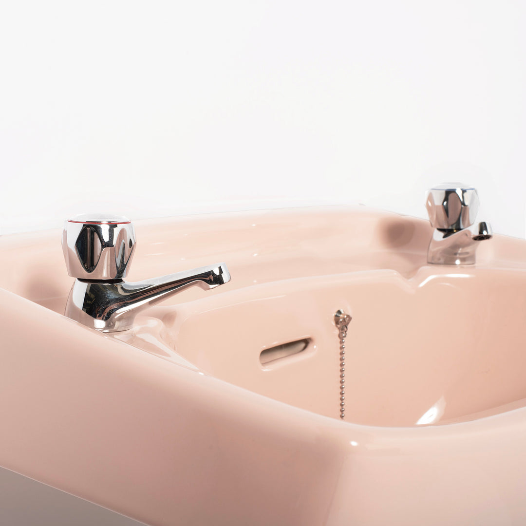 Retro Toilet & Basin Set Coral Pink with Square 2 Taphole Basin toilet sink The Bold Bathroom Company