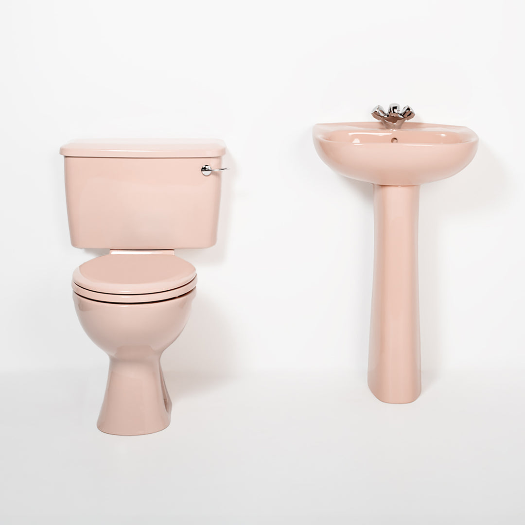 Retro Toilet & Basin Set Coral Pink with Round 1 Taphole Basin toilet sink The Bold Bathroom Company