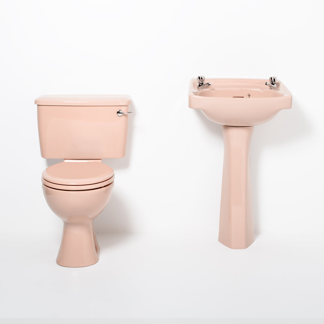 Retro Toilet & Basin Set Coral Pink with Square 2 Taphole Basin toilet sink The Bold Bathroom Company