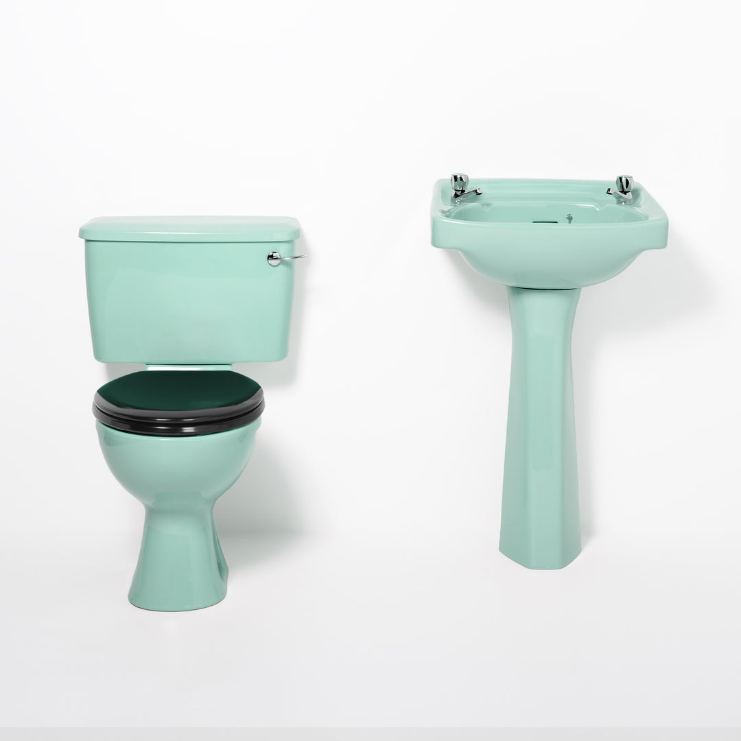 Retro Toilet & Basin Set Turquoise with Square 2 Taphole Basin toilet sink The Bold Bathroom Company