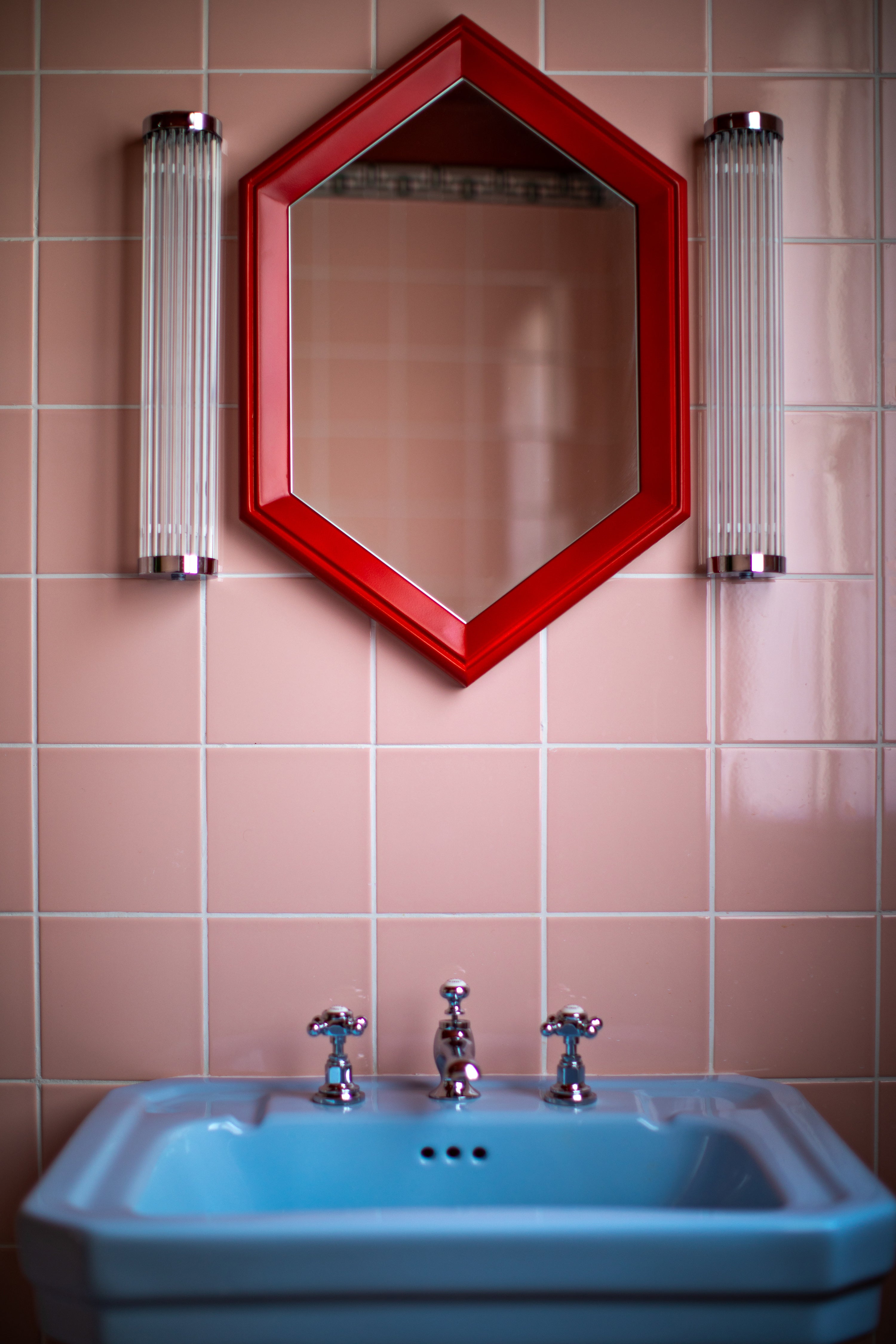 Deco Powder Blue basin sink, pink tiles, mirror, lights, Hotel Deux Gares, Paris, The Bold Bathroom Company