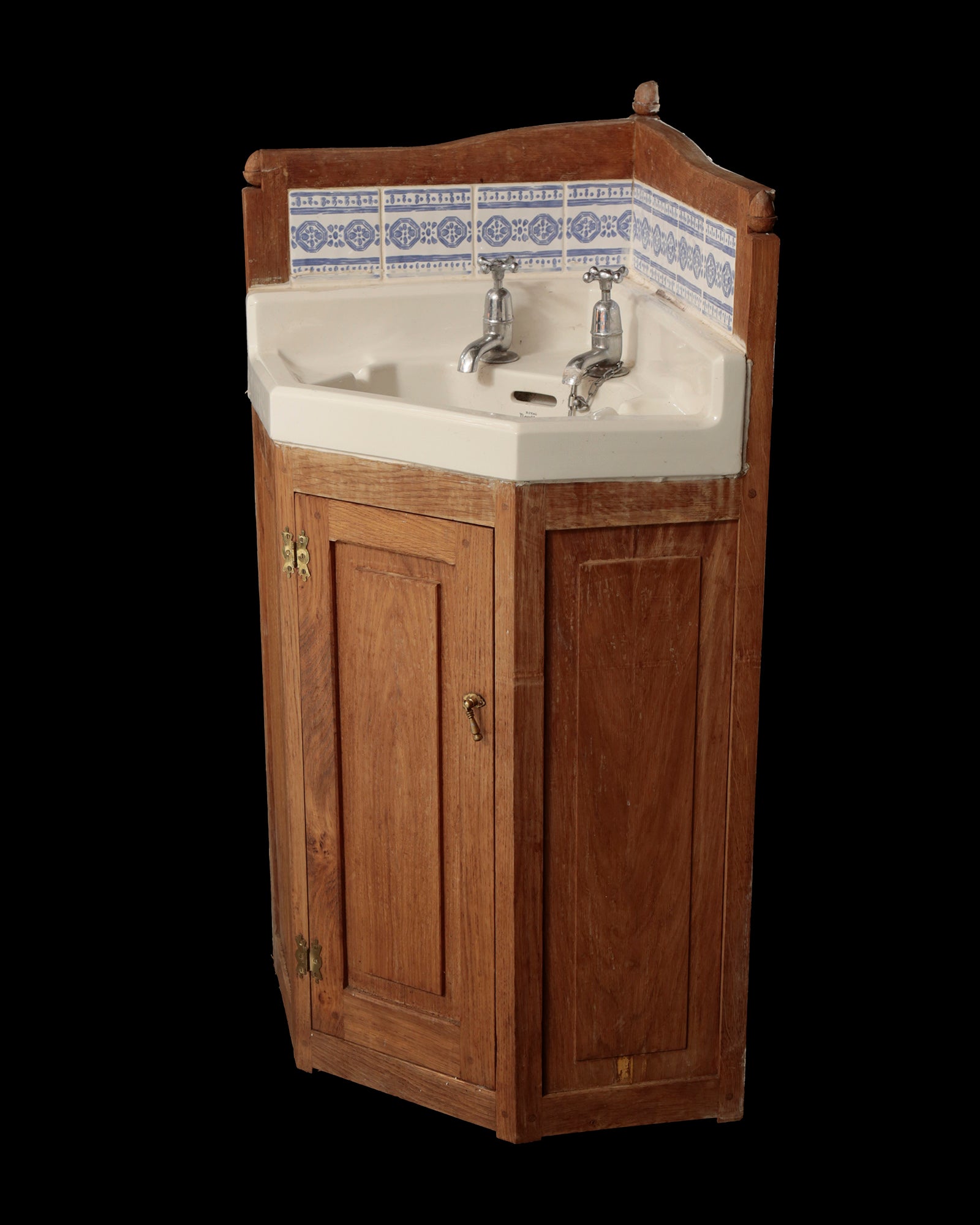Bathroom props, vintage corner sink basin in wooden cabinet, The Bold Bathroom Company