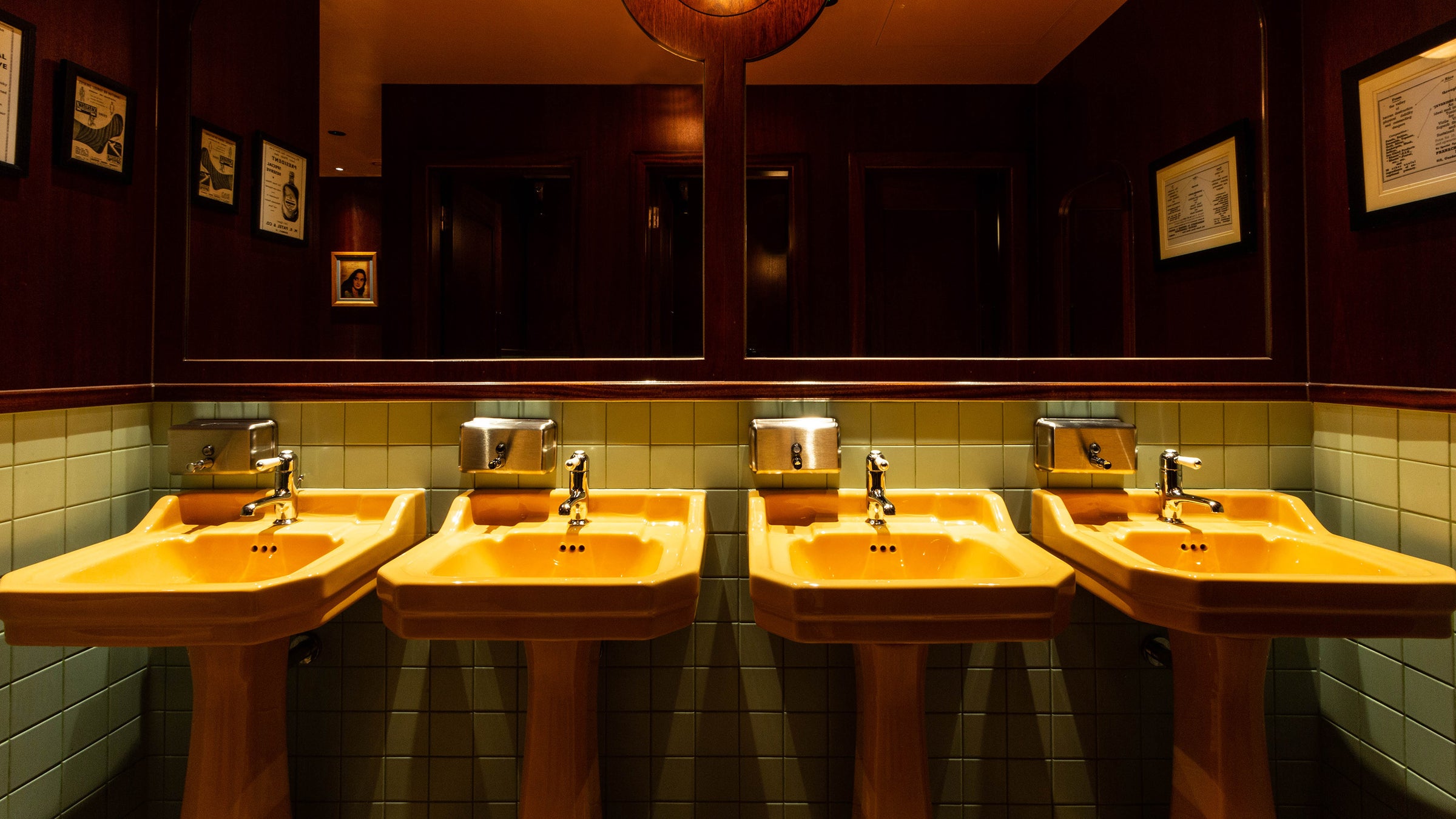 Deco sinks basins, custom colour, Harvest Gold, commercial project, restaurant, bar, The Bold Bathroom Company