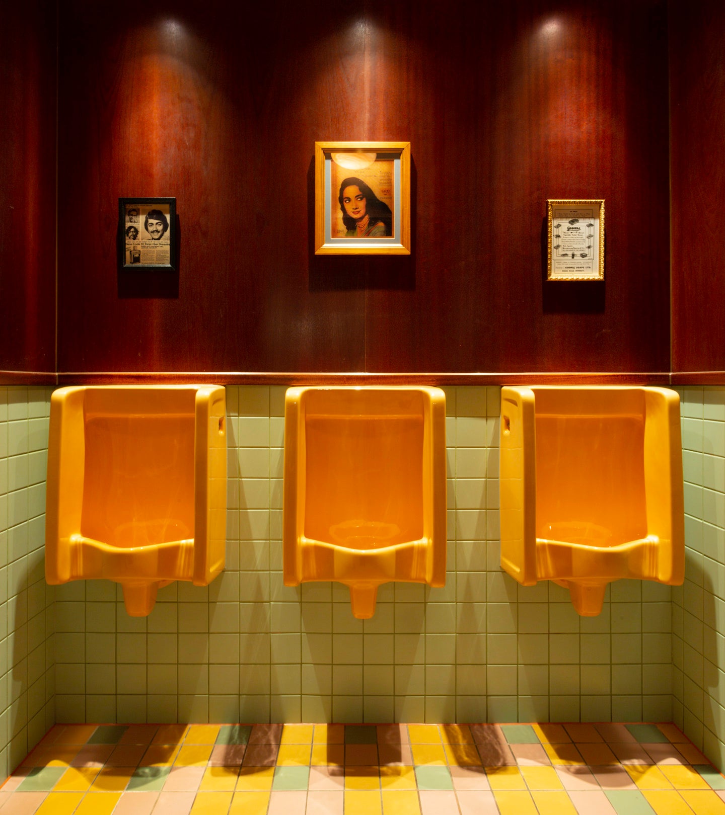 Striking gents loos, custom coloured urinals in Harvest Gold, restaurant, bar, London, The Bold Bathroom Company