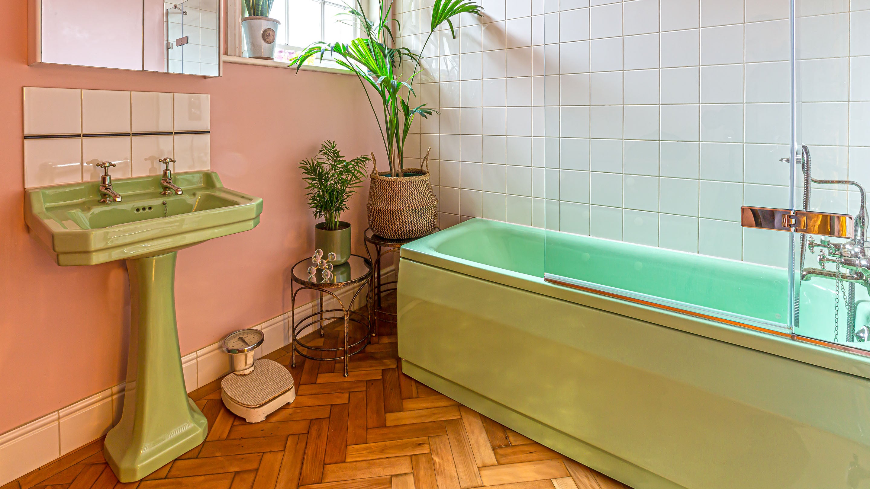Deco Light Green sink basin, bath, Victorian home renovation, vintage, wood floor, The Bold Bathroom Company