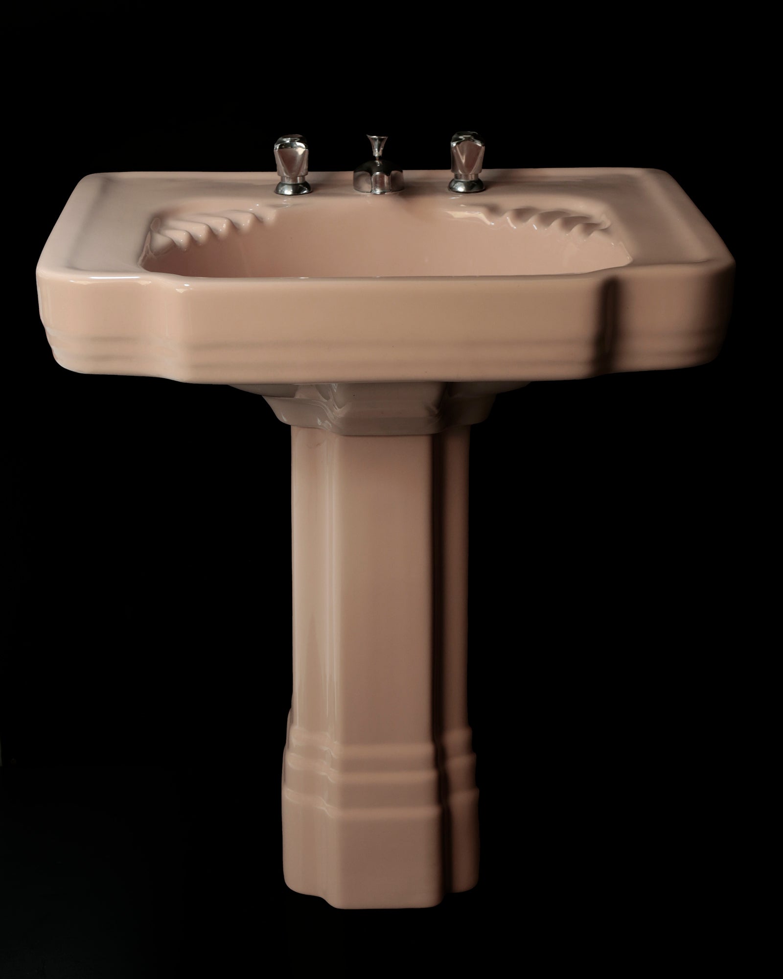 Bathroom props, Neo Lux Coral Pink sink basin, vintage, art deco, period drama, The Bold Bathroom Company