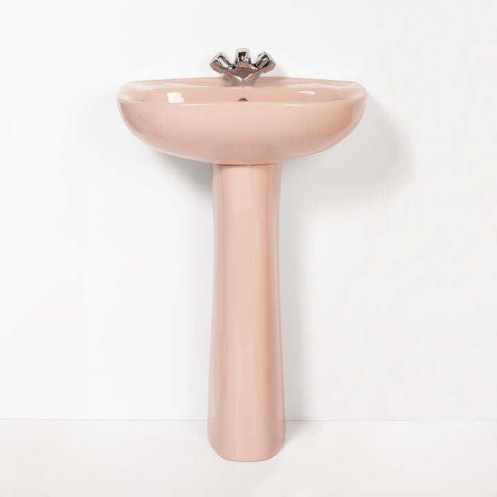 Retro Bathroom Set Coral Pink with Round 1 Taphole Basin & Plain Bath toilet sink The Bold Bathroom Company   