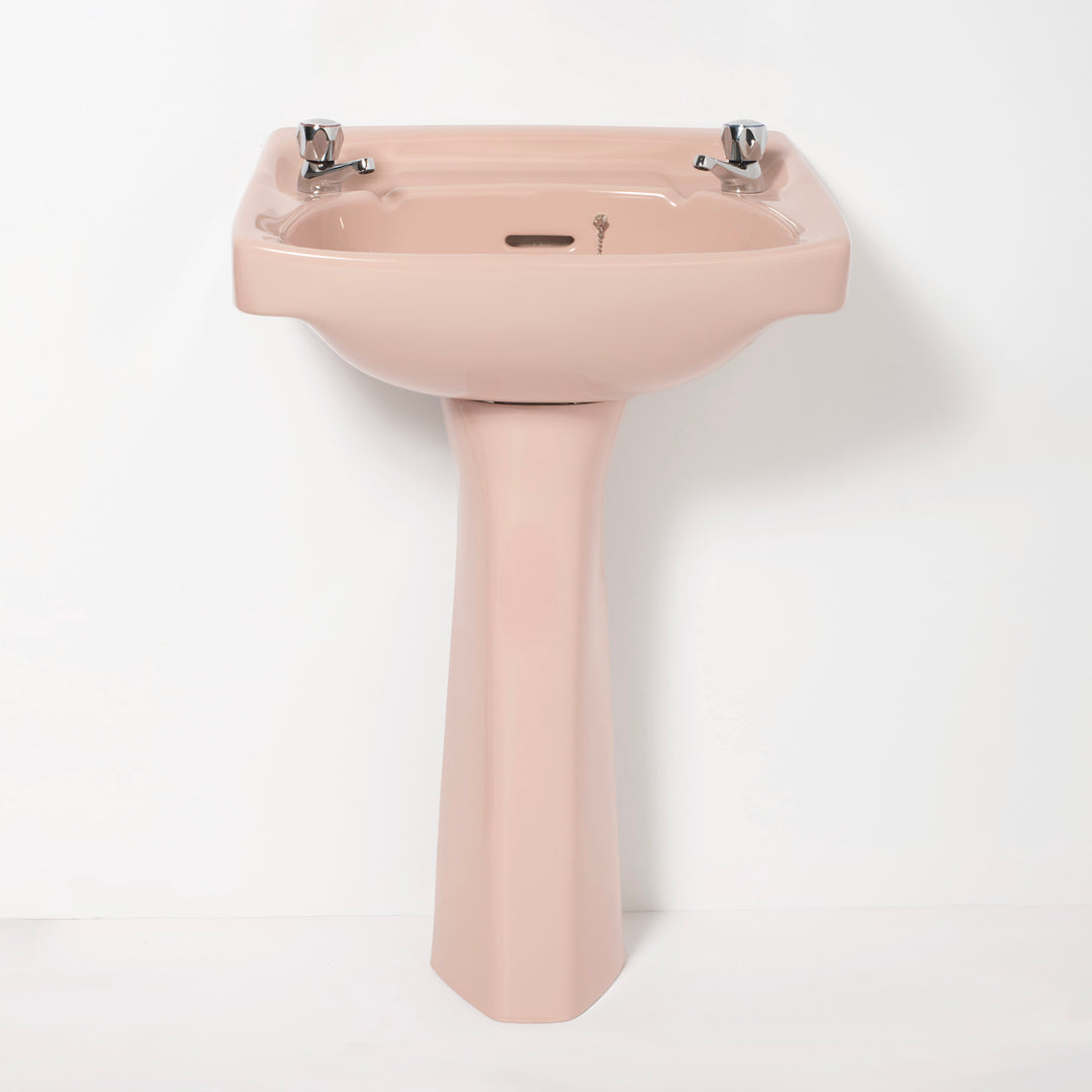 Retro Bathroom Set Coral Pink with Square 2 Taphole Basin & Plain Bath toilet sink The Bold Bathroom Company   