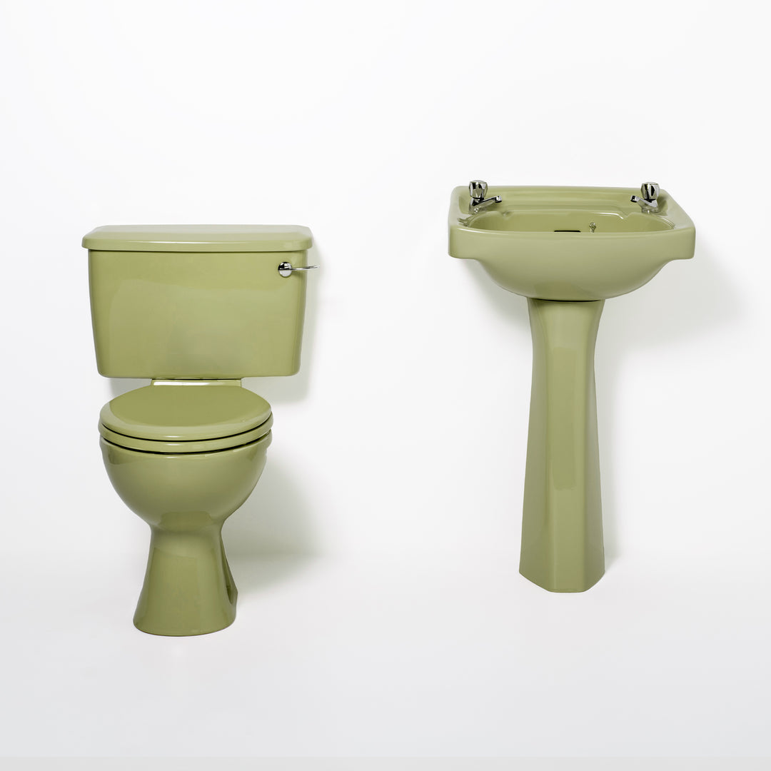 Retro Toilet & Basin Set Avocado with Square 2 Taphole Basin toilet sink The Bold Bathroom Company   