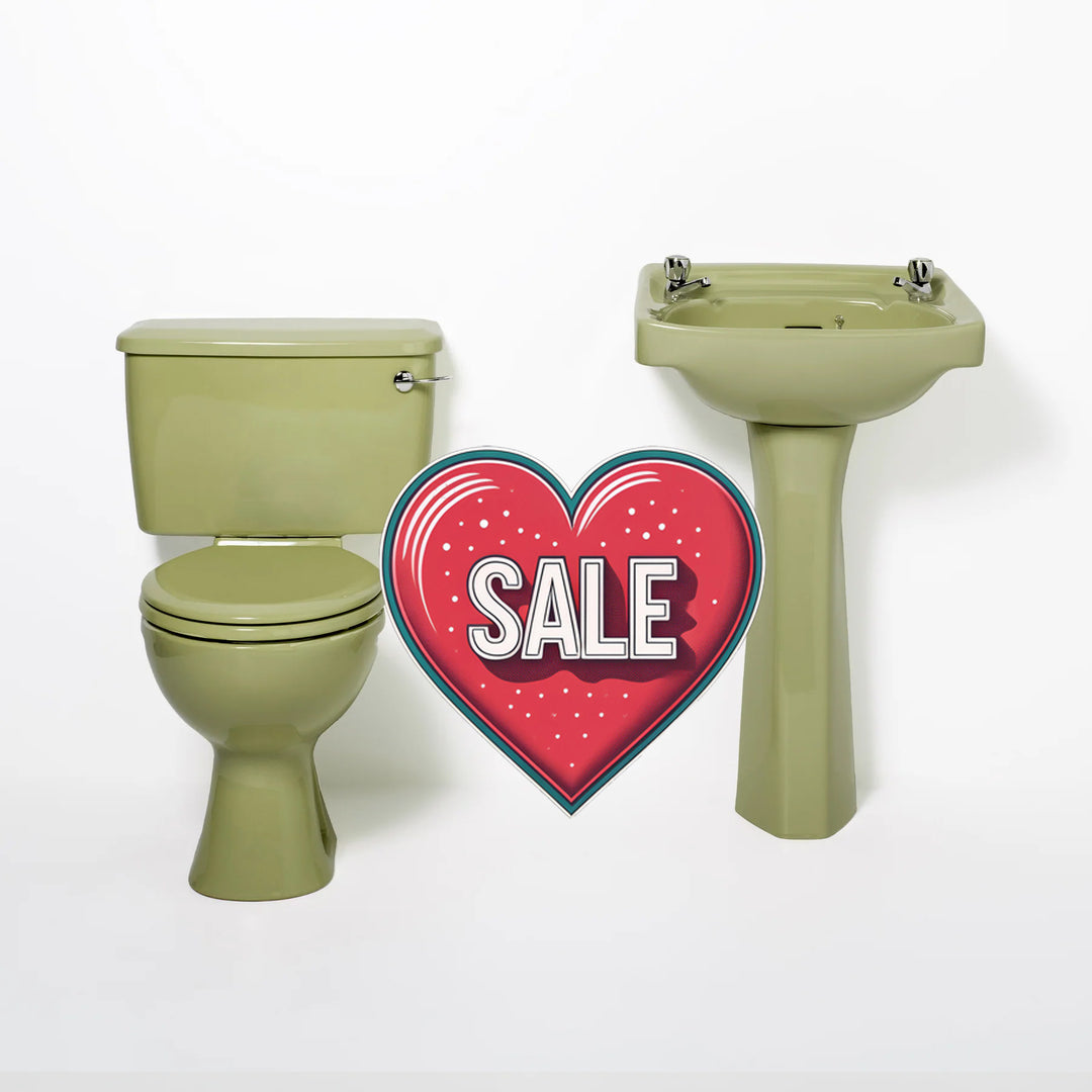 Retro Toilet & Basin Set Avocado with Square 2 Taphole Basin toilet sink The Bold Bathroom Company