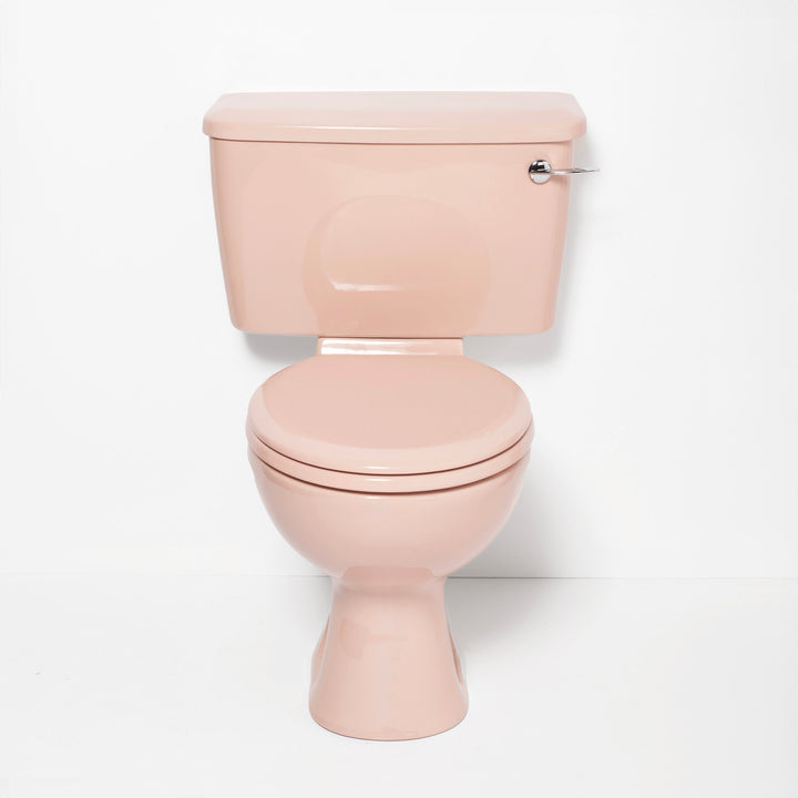 Retro Bathroom Set Coral Pink with Square 2 Taphole Basin & Plain Bath toilet sink The Bold Bathroom Company   