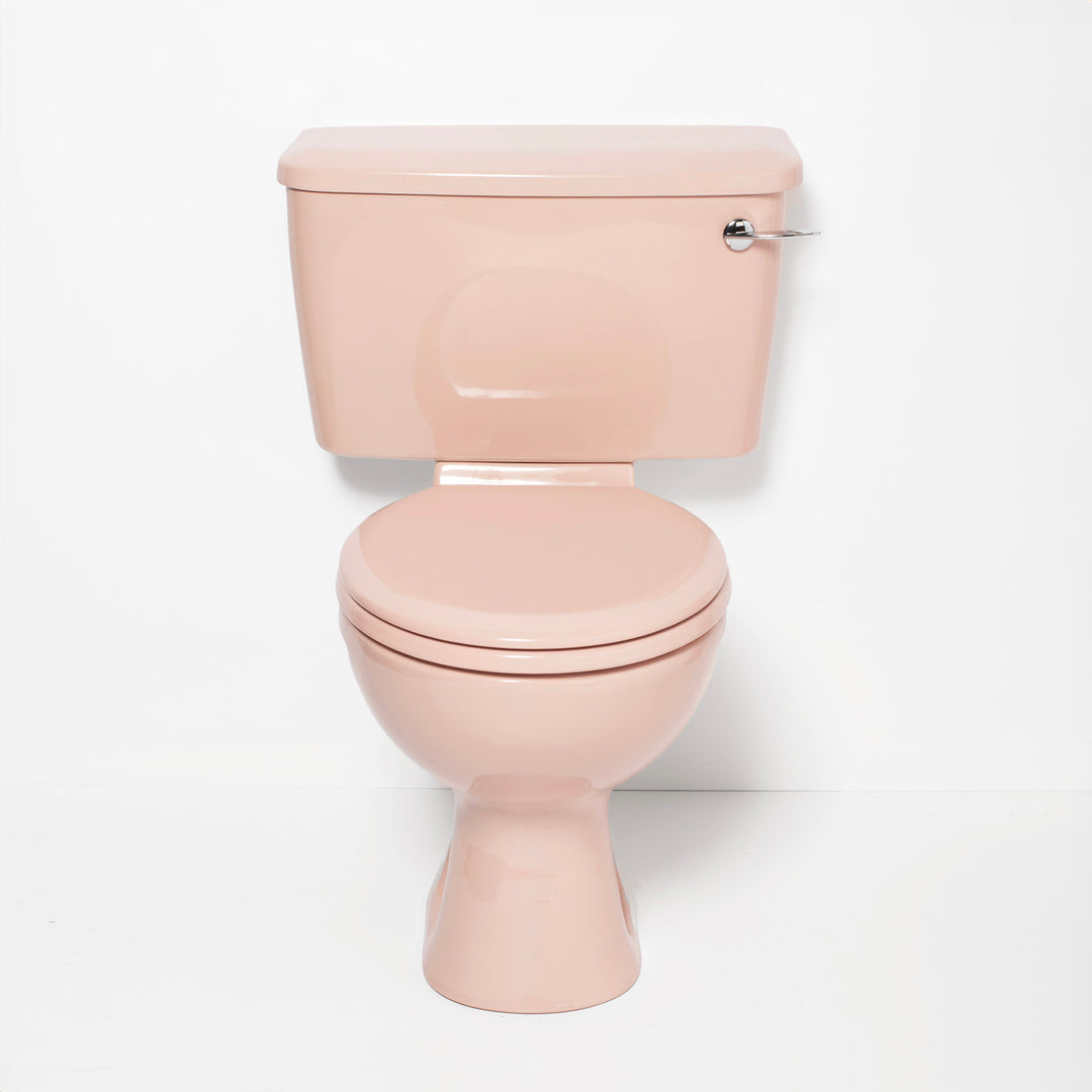 Retro Bathroom Set Coral Pink with Square 2 Taphole Basin & Twin Grip Bath toilet sink The Bold Bathroom Company   