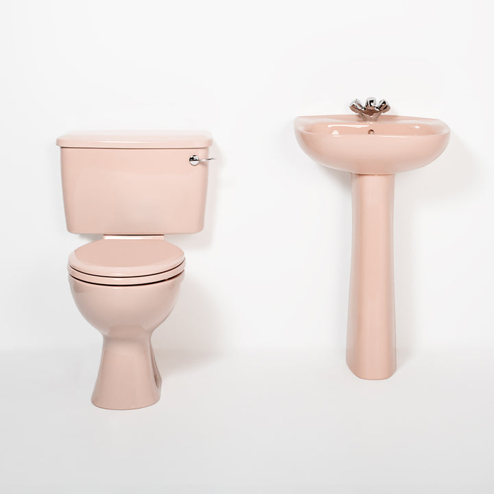 Retro Toilet & Basin Set Coral Pink with Round 1 Taphole Basin toilet sink The Bold Bathroom Company   