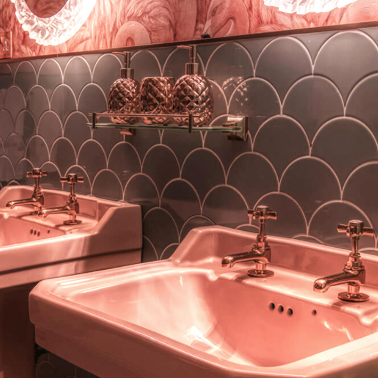 Deco Coral Pink basins sinks, gold taps, Wiki Woo hotel, The Bold Bathroom Company